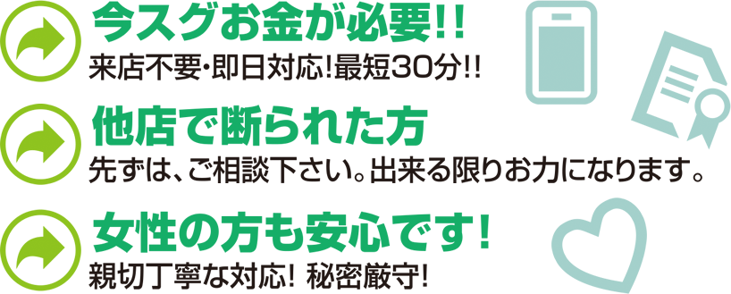 今すぐお金が必要!!他店で断られた方、女性の方も安心です!